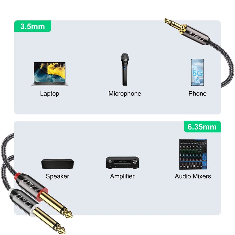 J&D 1/8 to 1/4 Stereo Cable, 3.5mm TRS to Dual 6.35mm TS Breakout Cable Y Splitter Cord for Amplifiers/Audio Mixer/Audio Recorder/MP3/MP4, Nylon Braid, Gold Plated Copper Shell, 1.5 Feet - Image 4